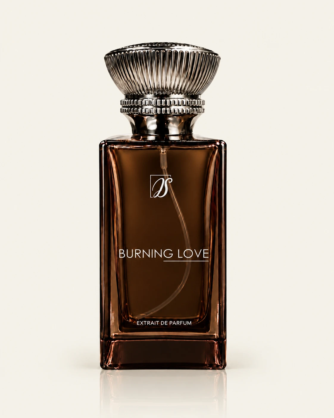 Le flacon Burning Love : verre ambré, capot métal guilloché